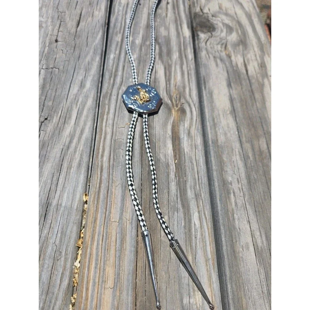 Vintage Western 3-D Cowboy Rodeo Rider BOLO Tie Etched Silver Tone Octagon Shape